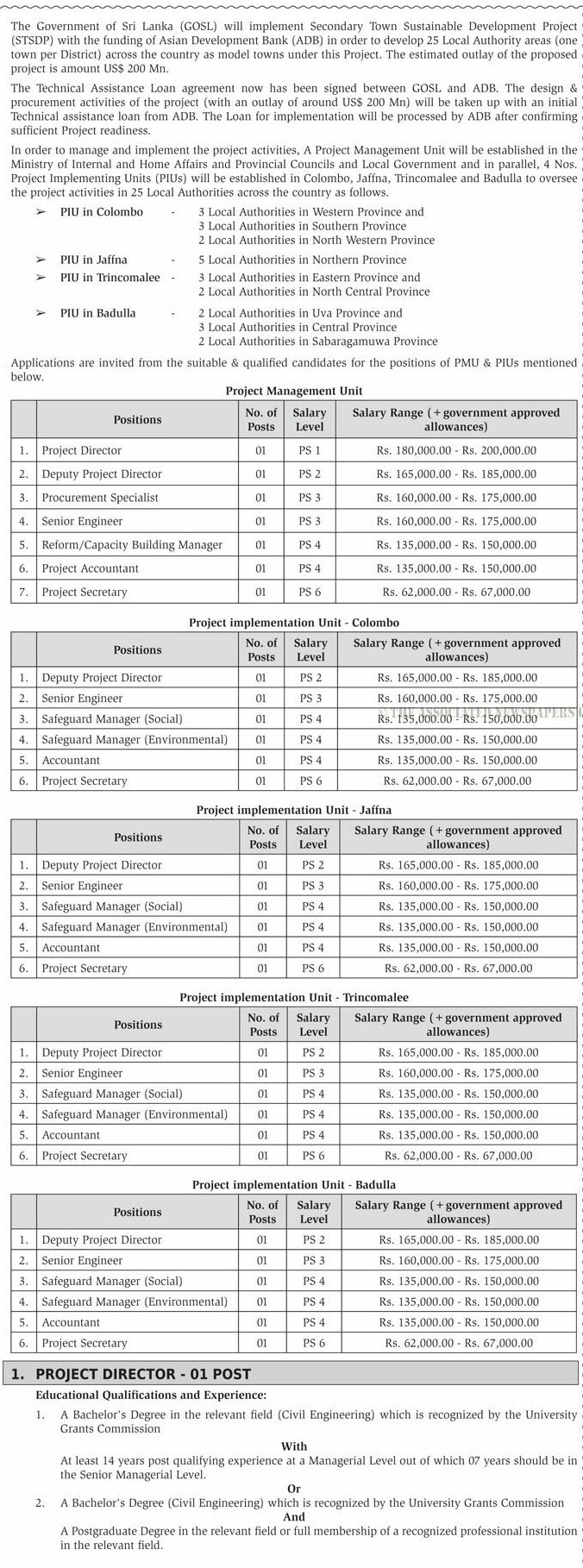 Project Director, Deputy Project Director, Procurement Specialist, Senior Engineer, Reform/Capacity Building Manager, Accountant, Project Secretary, Safeguard Manager - Ministry of Internal & Home Affairs and Provincial Councils & Local Government